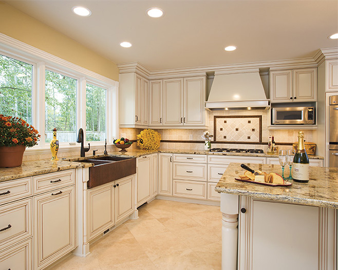 Cream kitchen with sink, stove and island